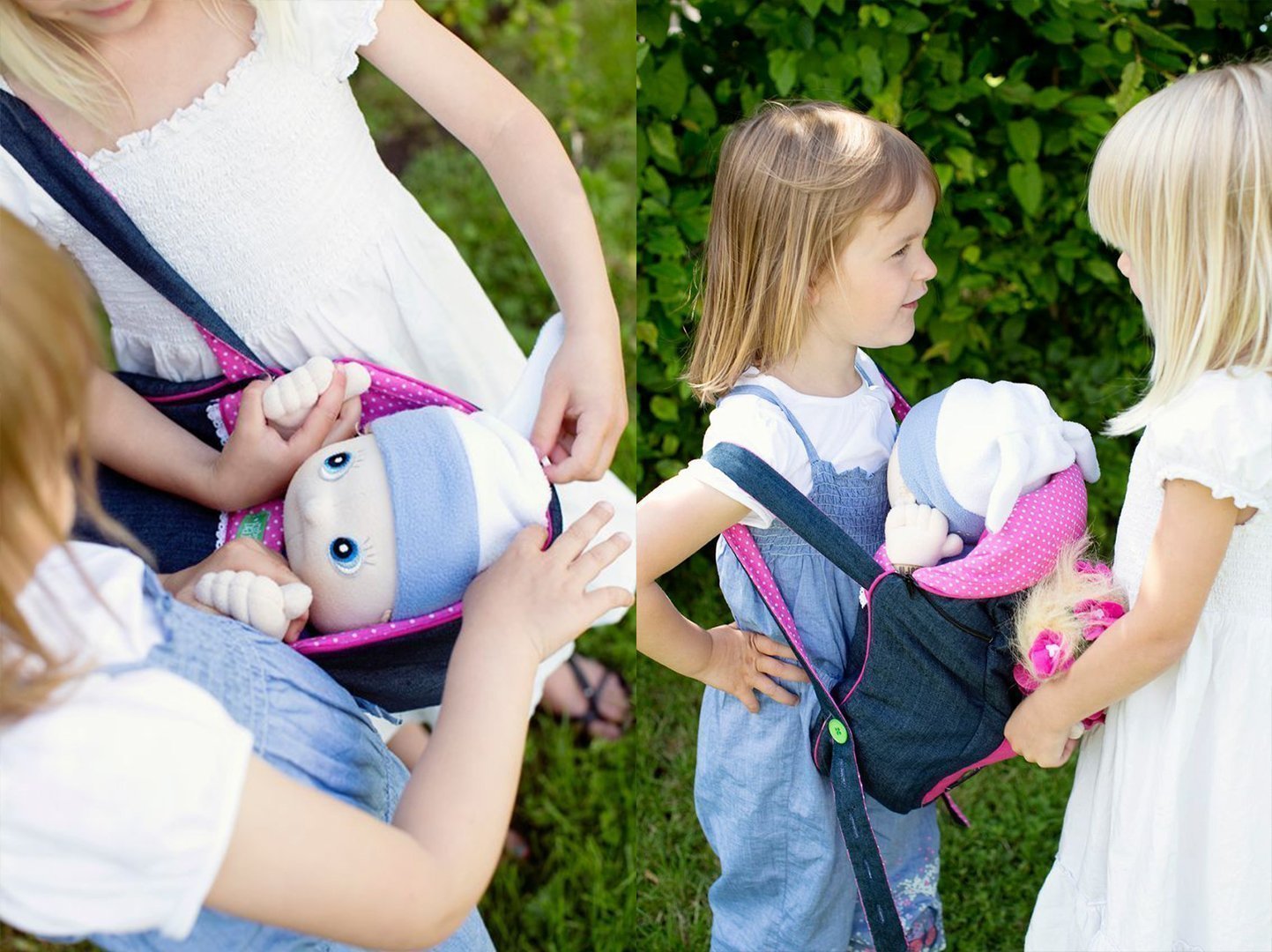 Niñas jugando con muñecas en el exterior